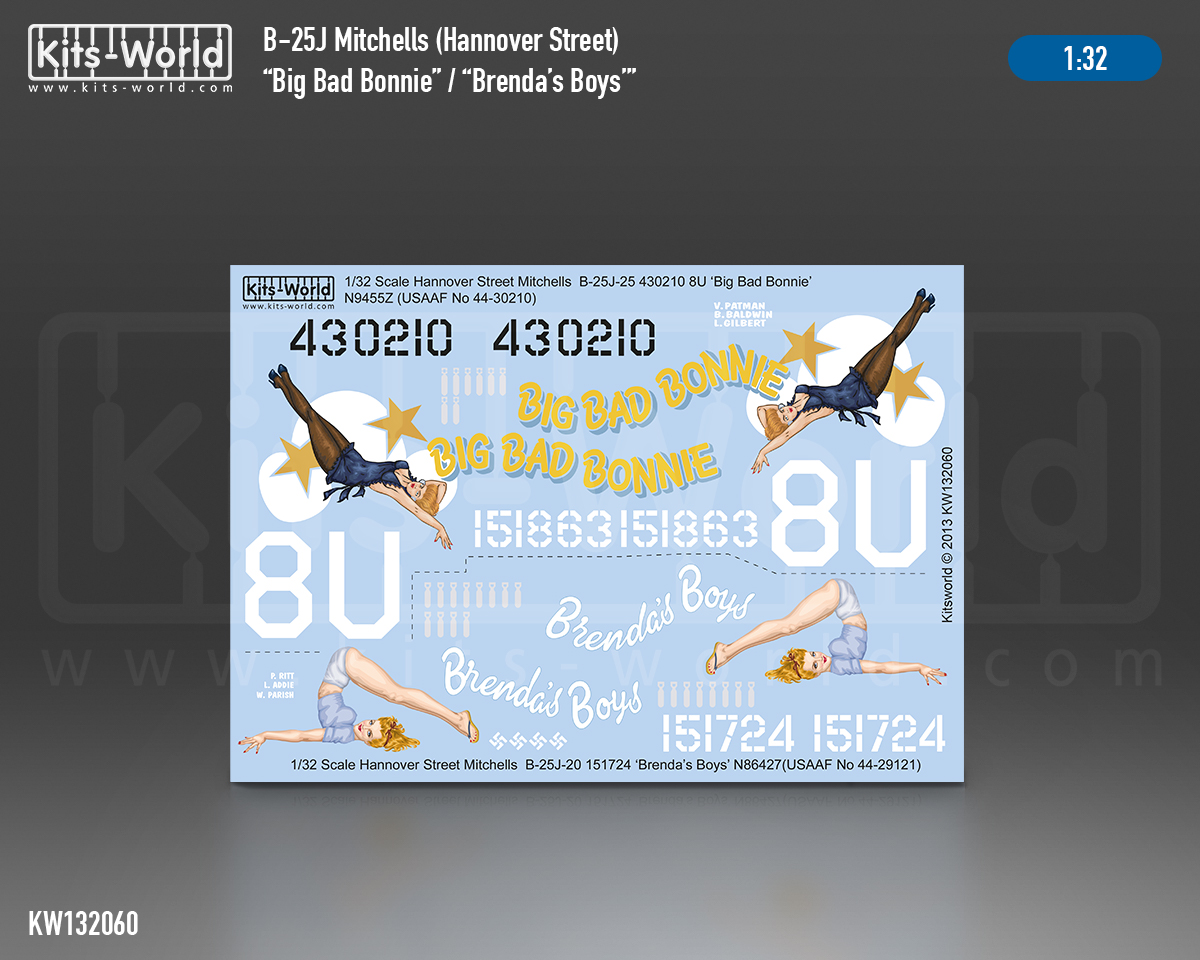 Kitsworld Kitsworld - 1:32 Scale North American B-25J Mitchel Decal North American Mitchell B-25J-25 430210 8U 'Big Bad Bonnie' N9455Z - B-25J-20 151724 'Brenda's Boys' N86427
 